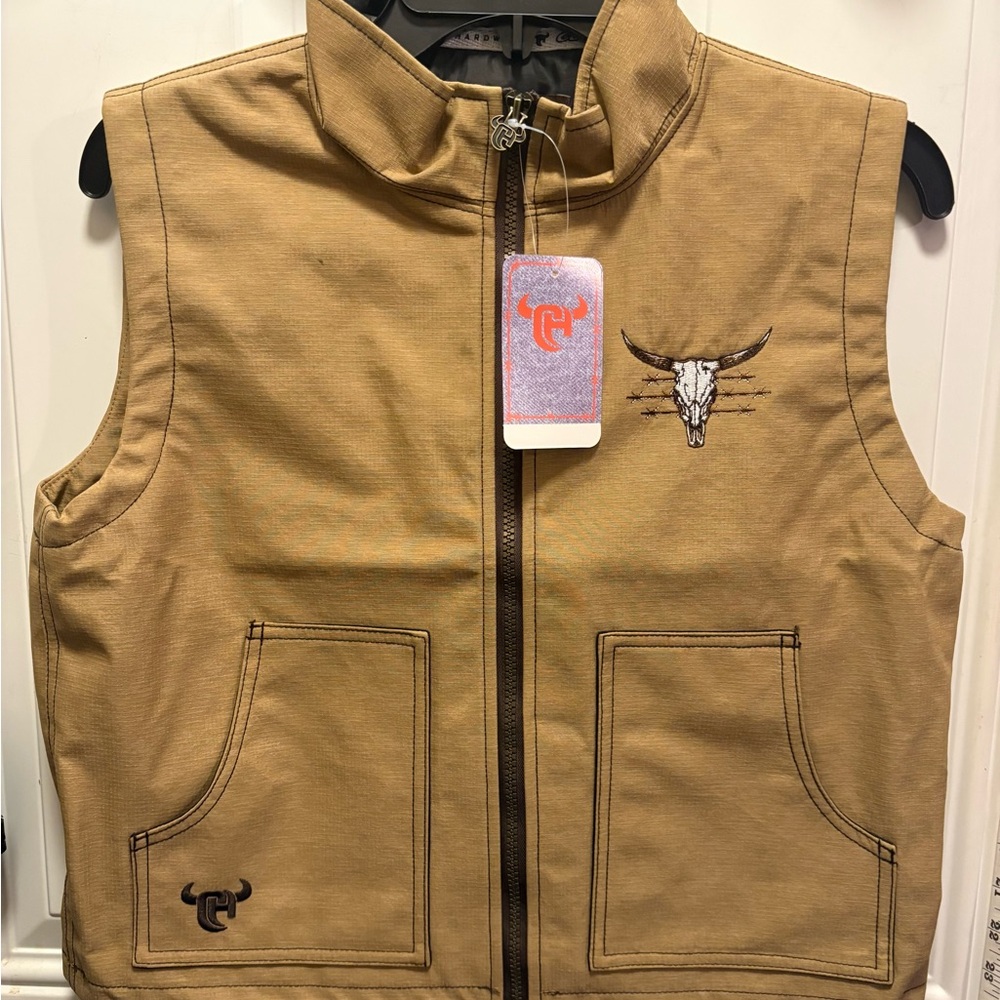 Boys Cowboy Hardware tan Zip up Vest with Bull Design 6/S